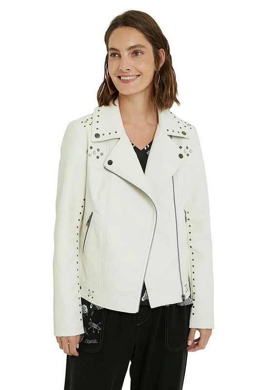 Desigual Chalcot Crescent White Faux Leather Biker Jacket SS21 21SWEW23