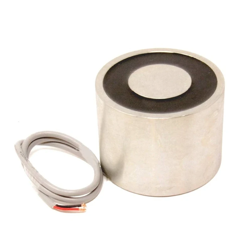 Electromagnet for Door and Hatch Mechanisms, Automated Assembly Lines, Robotics, Lifting and Handling Ferrous Materials with 10mm Mounting Hole - 101.6mm dia x 76.2mm thick - 430kg Pull - 12V DC /33W