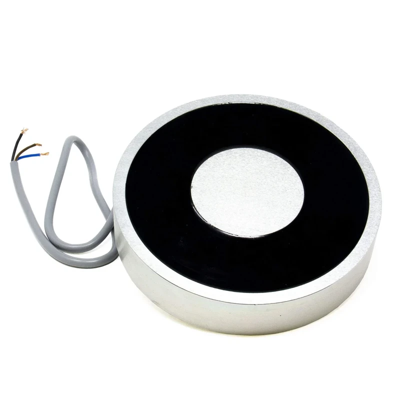Electromagnet for Door and Hatch Mechanisms, Automated Assembly Lines, Robotics, Lifting & Handling Ferrous Materials with 10mm Mounting Hole - 152.4mm dia x 31.75mm thick – 454kg Pull - 12V DC/7.8W