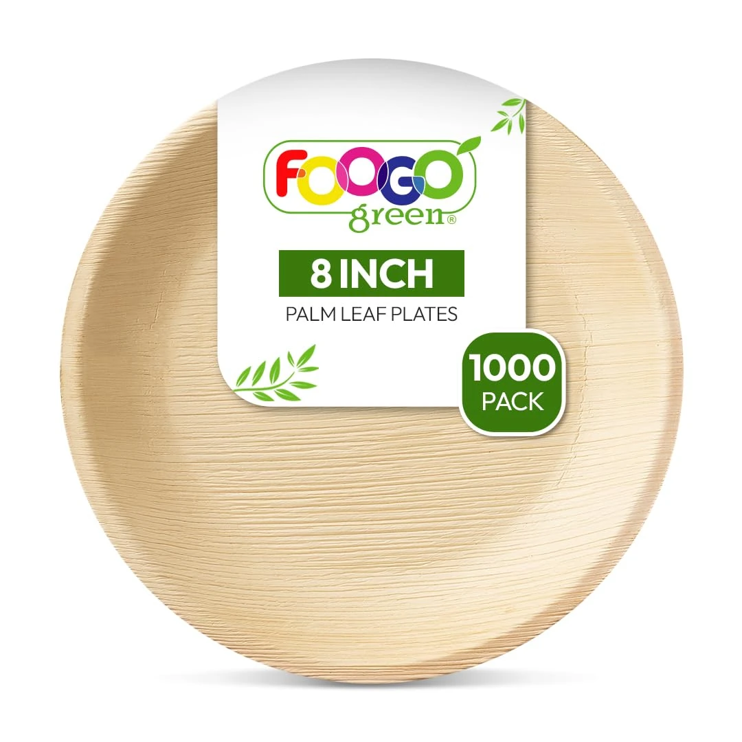 FOOGO Green 1000pcs Disposable Palm Leaf Plates, 8"(20cm) Medium Round, Eco Friendly Biodegradable Compostable Like Wooden, Bamboo, Paper Plates for Hot Food, Picnic Wedding Parties