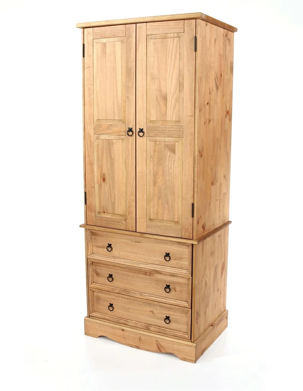 Home Source Bedroom Solid Pine Wood 2 Door 3 Drawer Double Wardrobe