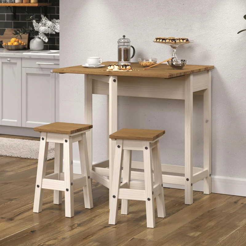 Home Source Corona Solid Wood Drop Leaf Breakfast Dining Set, 2 Stools, Grey