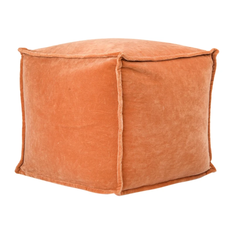 Main + Mesa Square Velvet Pouf Boho Floor Ottoman with Knife-Edge Detail, Terracotta