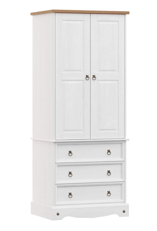 Home Source Solid Pine Wood 2 Door, 3 Drawer Bedroom Wardrobe, White