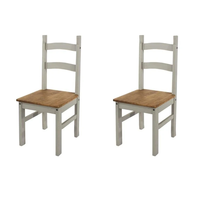 Home Source Solid Pine Wood Pair of Dining Chairs, Kitchen Dining Furniture, Waxed Finish, Grey