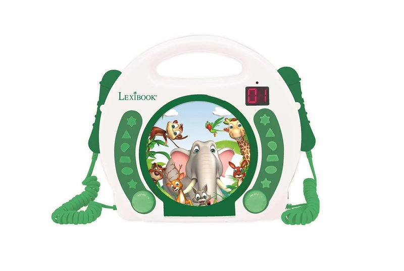 Lexibook, Animals, Portable CD player with Microphones, Music Player, Repeat and Programming, Karaoke, Headphones jack, White/Green, RCDK100ANX