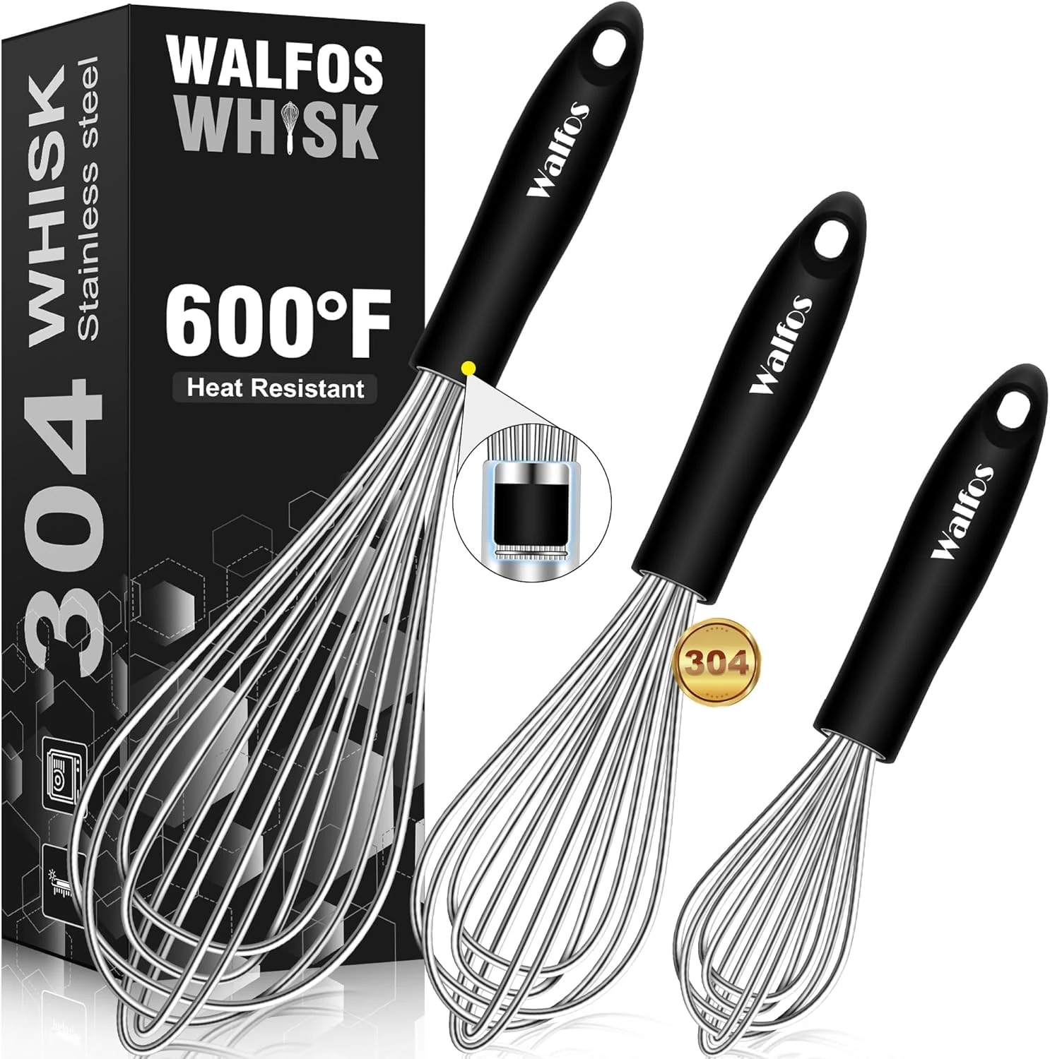 Stainless Steel Whisk Set - 3 Packs Balloon Whisk, Thick Stainless Steel Wire ＆ Strong Handles, Egg Frother for Cooking, Blending, Whisking, Beating, Stirring (21cm,23cm,28cm)
