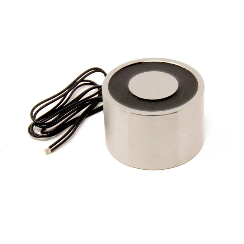 Electromagnet with 6mm Mounting Hole for Door and Hatch Mechanisms, Automated Assembly Lines, Robotics, Lifting and Handling Ferrous Materials - 76.2mm dia x 50.8mm thick - 226kg Pull - 12V DC/12W