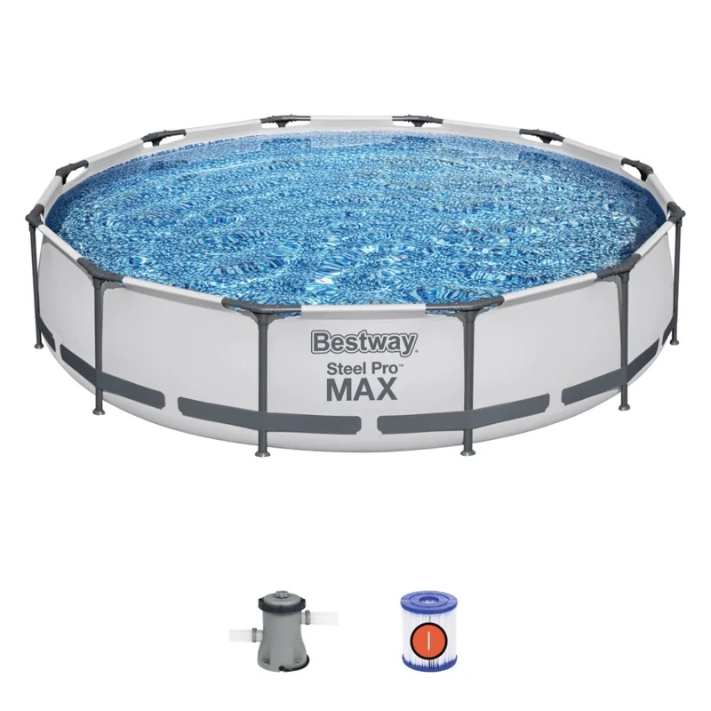 Bestway Steel Pro Pool Swimming Pool, Round Above Ground Garden Frame Pool, Multiple Sizes, 12' x 30"/3.66m x 76cm, Grey