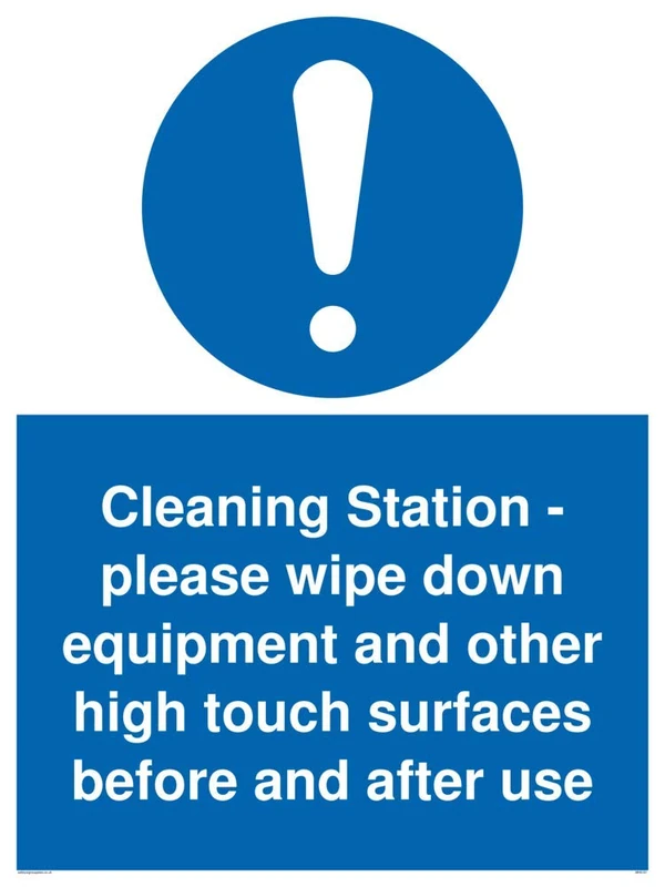 Cleaning Station - please wipe down equipment and other high touch surfaces before and after use