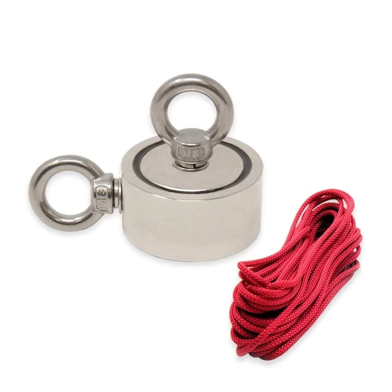 N42 Neodymium Pot Magnet with 2x M8 Eyebolts and 10m Rope for Magnet Fishing, Recovery and Treasure Hunting - 60mm dia x 22mm - 120kg Pull