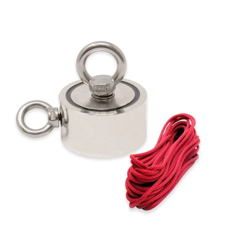 N42 Neodymium Pot Magnet with 1x M10 and 1x M8 Eyebolt and 10m Rope for Magnet Fishing, Recovery and Treasure Hunting - 75mm dia x 25mm - 200kg Pull