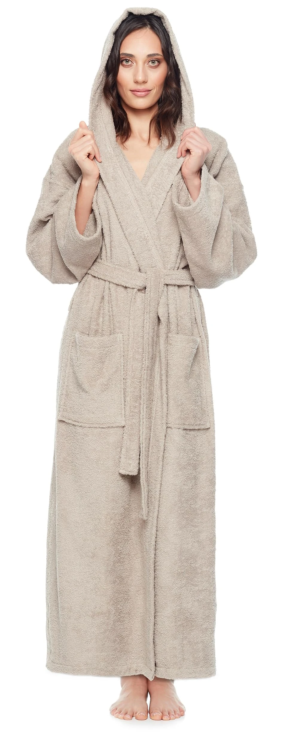Arus Women`s bathrobe with hood, calf length, 100% cotton terry towelling, beige, S-M