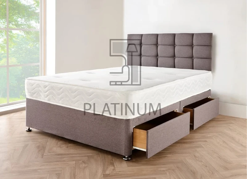 4FT Small Double Grey Linen Look Divan Bed with Spring Memory Foam Mattress 10", Cubic Headboard 20" and 2 free Storage drawers (Small Double L= 190 cm x W= 120 cm)