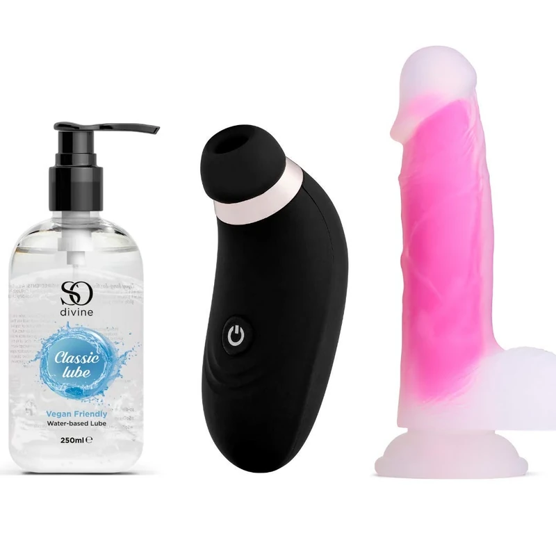 So Divine Stay at Home Bundle, Includes Our Real Skin Feel Dildo, Clitoral Suction Stimulator and 250ml Water-Based Lubricant