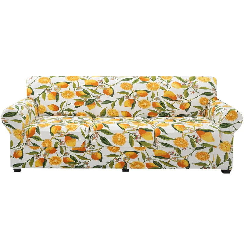 hyha Printed Couch Cover for 3 Cushion Couch - Floral Pattern Sofa Cover with Separate Cushion Cover, 4 Pieces Stretch Sofa Slipcover Washable Furniture Protector (Sofa, Lemon)