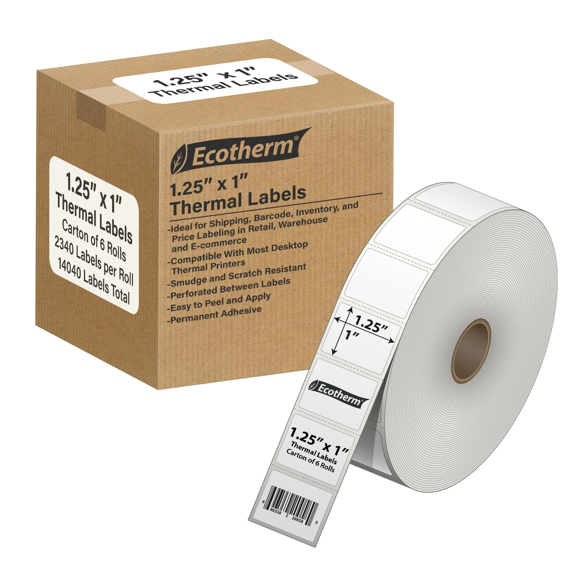 1.25 x 1 Direct Thermal Paper Label Stickers - 2340 Labels Per Roll - 6 Rolls - for Zebra LP2824, LP2844, GC420, GK420, GX430, ZD220, ZD410, ZD420, ZD500, ZD620, ZP-500, GT800 Printers