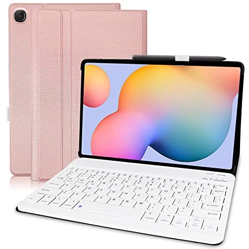 Keyboard Case for Samsung Galaxy Tab S6 Lite 10.4 Inch Tablet 2020 (SM-P610/ SM-P615) with S Pen Holder, Slim Stand PU Leather Cover with Detachable Wireless Bluetooth Keyboard (Samsung S6 Pink)