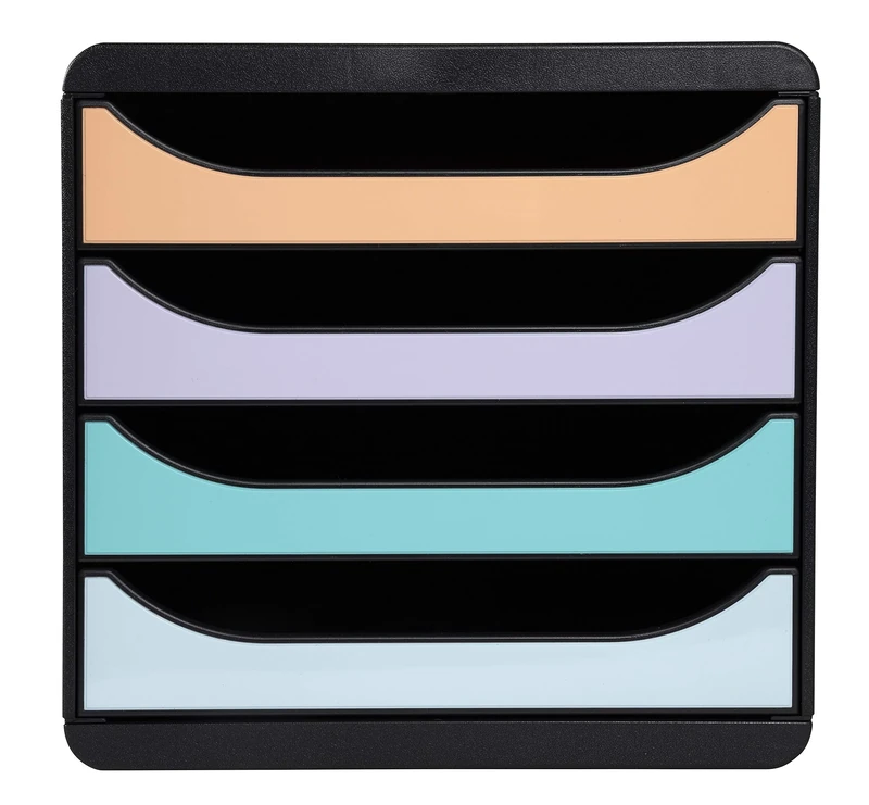 Exacompta - Ref 3104296D - BIG-BOX Desktop Drawer Set - 4 x 55mm Drawers, Suitable for A4+ Documents, 347 x 278 x 267mm, 100% Recycled Plastic - Black/Glossy Pastel