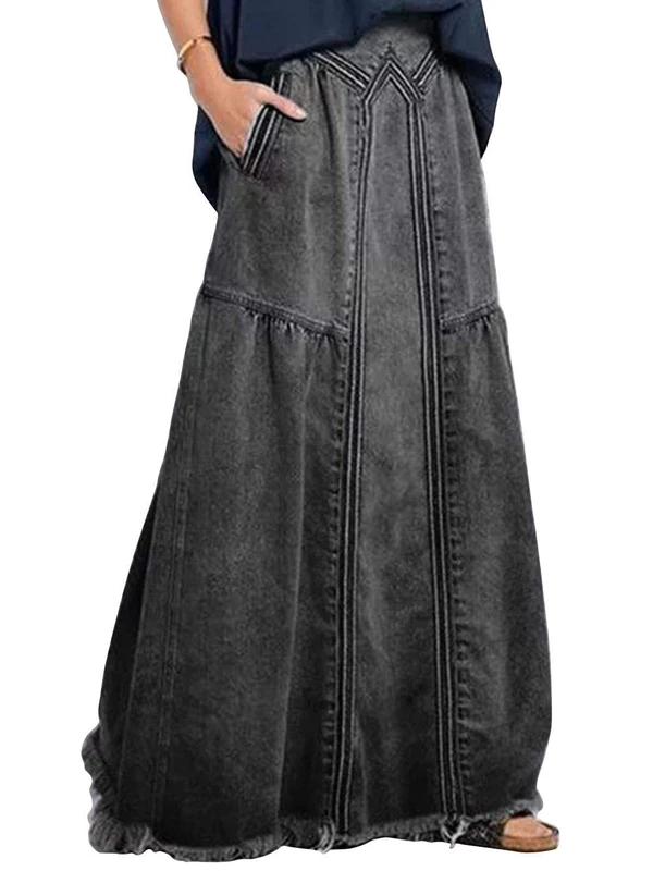 ebossy Women's Casual Elastic Waist Frayed Hem A-Line Distressed Hippie Long Maxi Denim Skirt, Dark Grey, M