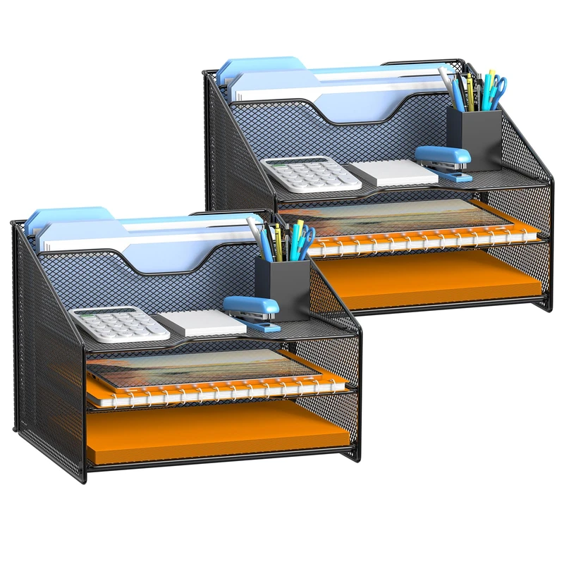 Samstar 2 Pack Mesh Desk File Organizer Letter Tray Holder, Desktop File Folder Holder with 3 Paper Trays and 2 Vertical Upright Section, Black. - Image 1