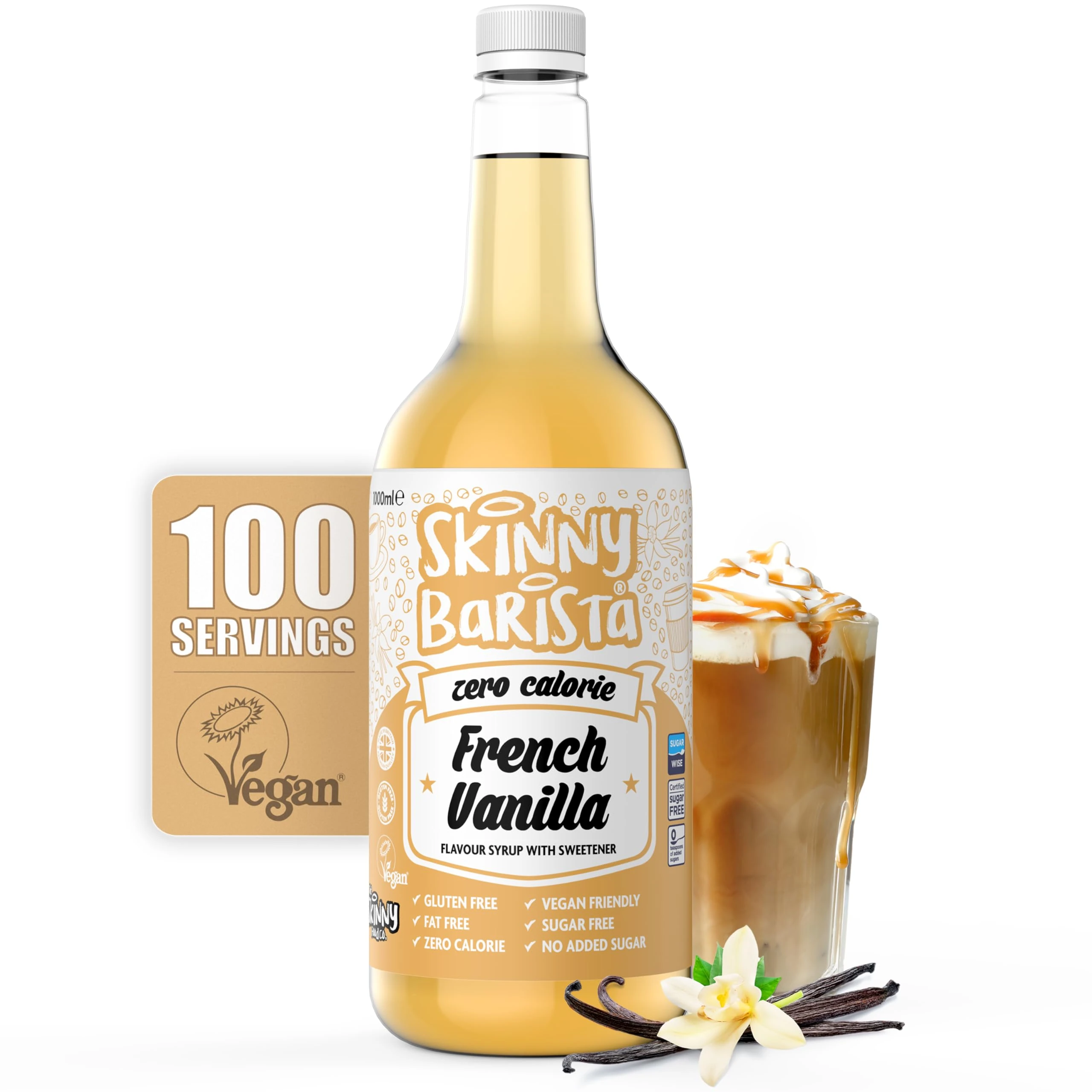 Skinny Food Co French Vanilla Coffee Syrup - Sugar Free 1L - Zero Calorie Coffee Syrup For Coffee, Tea, Hot Chocolate, Fruit, Protein Drinks - Vegan-Friendly, Gluten-Free & Fat-Free