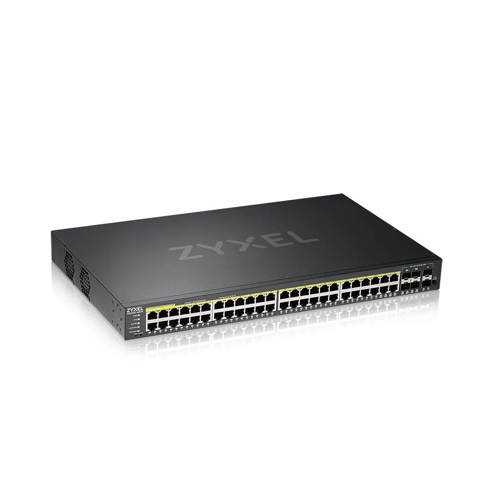 Zyxel 44-Port Gigabit Ethernet Layer-2 Managed PoE+ Switch | 375 Watt Budget | 4x Gigabit Combo Ports + 2x SFP | Hybrid Cloud Mode [GS2220-50HP]