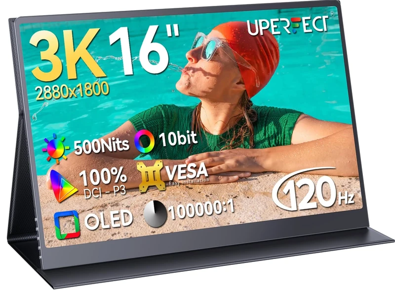 UPERFECT OLED Portable Monitor 16", 3K 2880x1800, 120Hz, 1ms, 500 Nits, 100% DCI-P3, 10-Bit, 100000:1 Contrast, Ultra-Slim Design