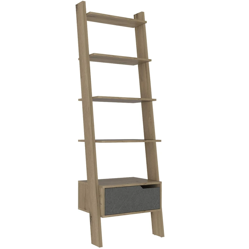 Home Source Dinan Ladder Bookcase Storage Shelves, 5 Tier Bleached Pine Effect Unit, 1 Drawer