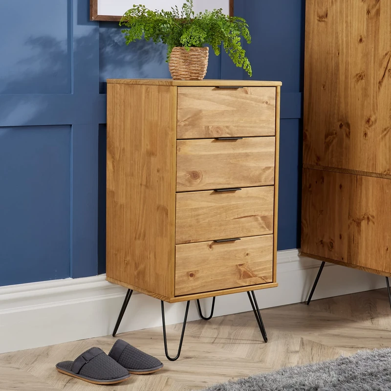 Home Source Acadia Chest of Drawers Cabinet Organiser Industrial Wooden Bedroom Storage Unit, Pine, Narrow 4 Drawer
