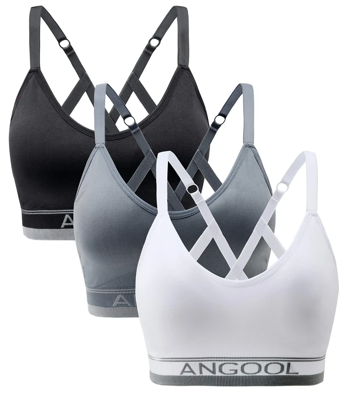ANGOOL Women's Wireless Seamless Sports Bra, Padded Racerback Adjustable Straps Longline Yoga Gym Training Bra, Black+Grey+White, M