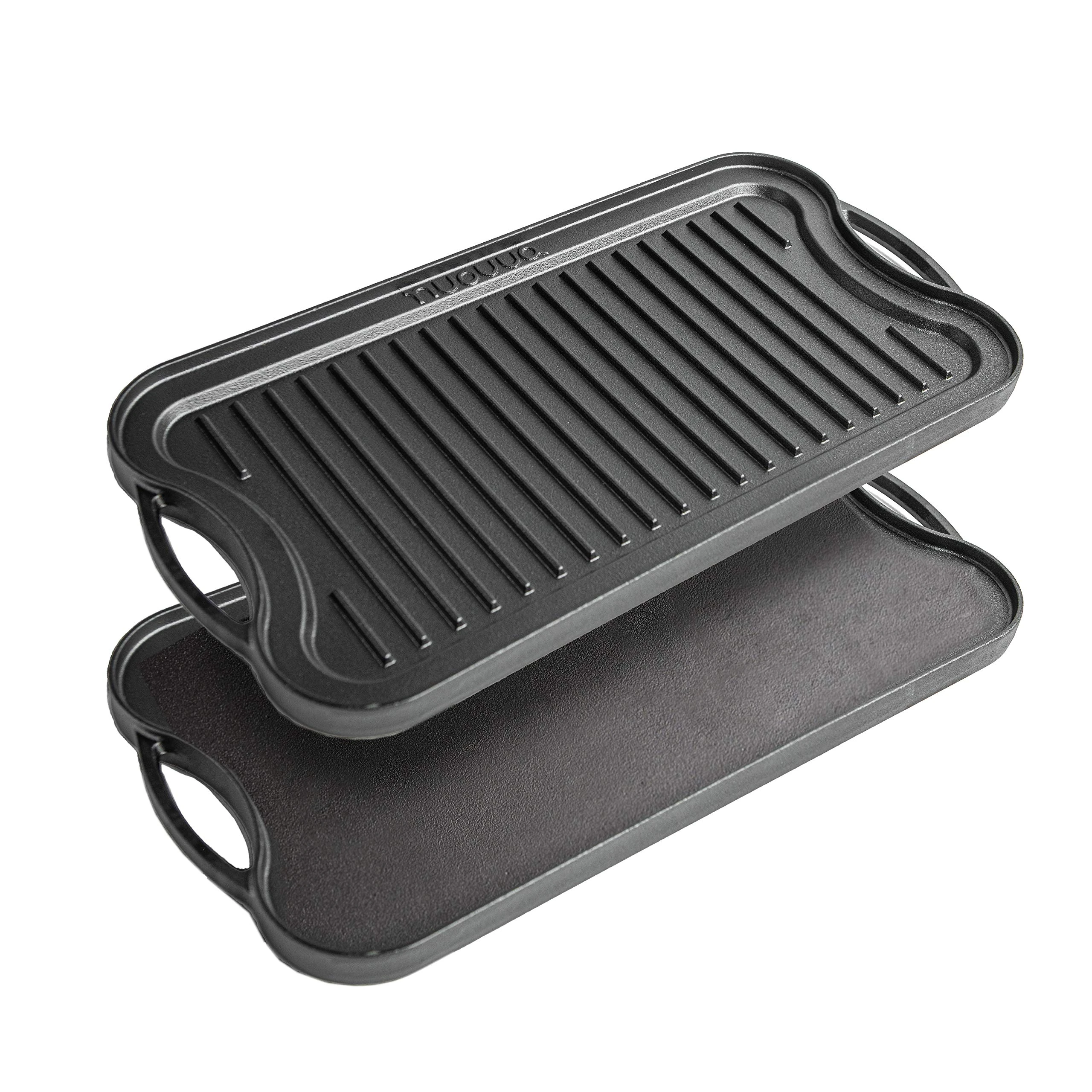 nuovva Cast Iron Griddle Pan for Gas Hob and BBQ Griddle pan Double Sided Pre-Seasoned, Grill Tray, for Healthy and Delicious Cooking, Flat and Ridged Surfaces 50 x 25cm