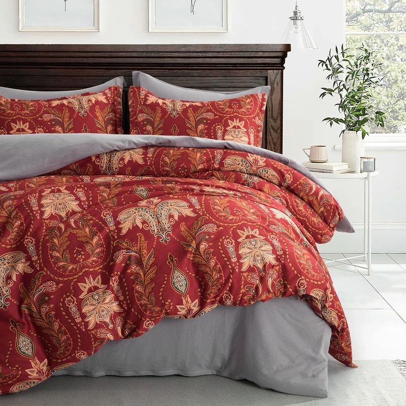 Italian Bohemian Paisley Duvet Cover 3pc Set Boho Bedding Boteh Damask Medallion 400TC Egyptian Cotton Sateen Luxury European Traditional Style Bed Linen (Red Teal, Super King)