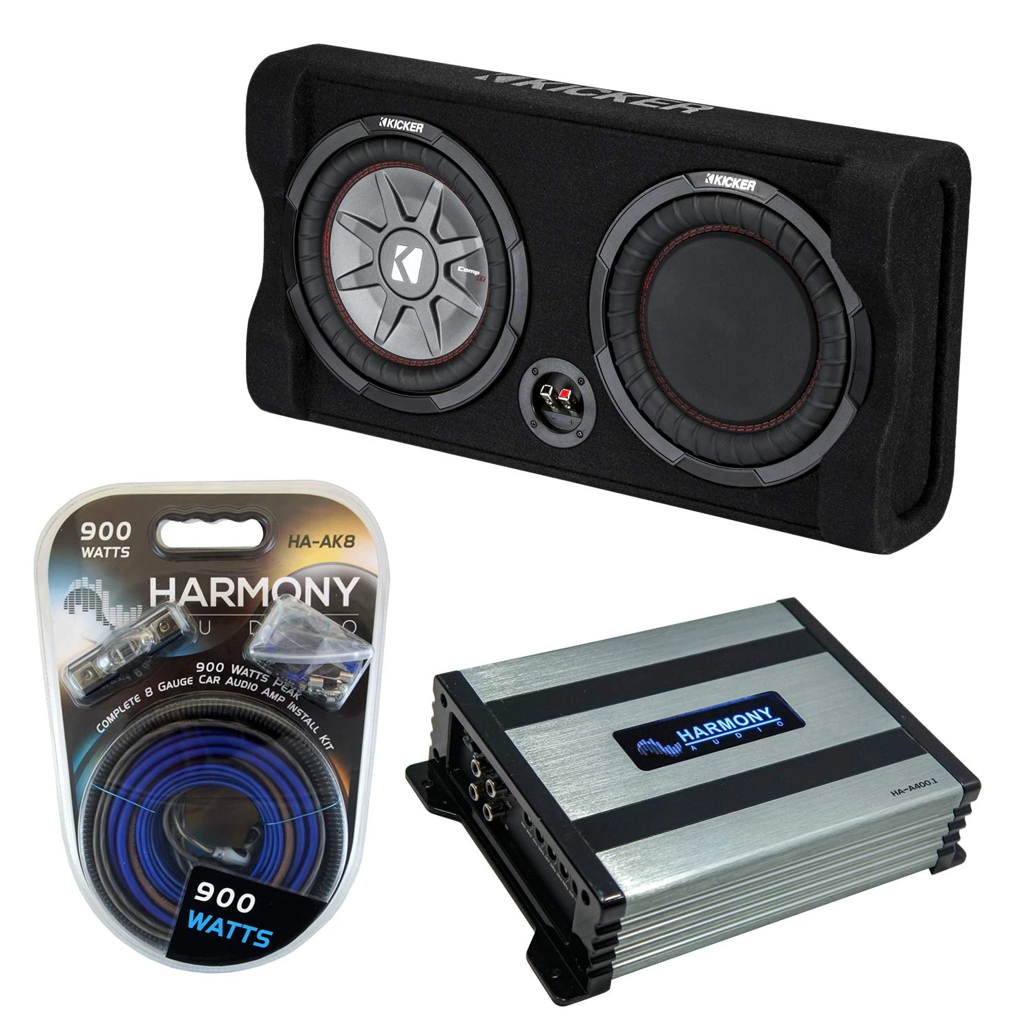 Harmony Audio Kicker 47TRTP122 Car Audio Down Firing 12" Thin Sub Box Passive Radiator Bundle with Harmony HA-A400.1 Amplifier & Amp Kit