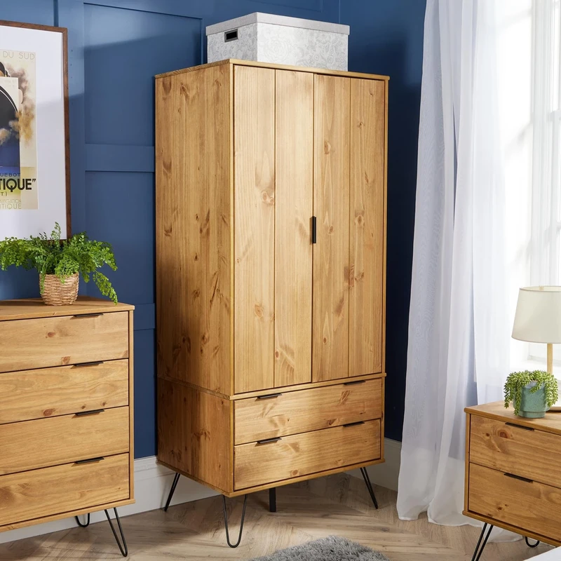 Home Source Acadia Wadrobe Cabinet Industrial Wooden 2 Door 2 Drawer Organiser Shelf Hanging Rail Bedroom Storage, Pine