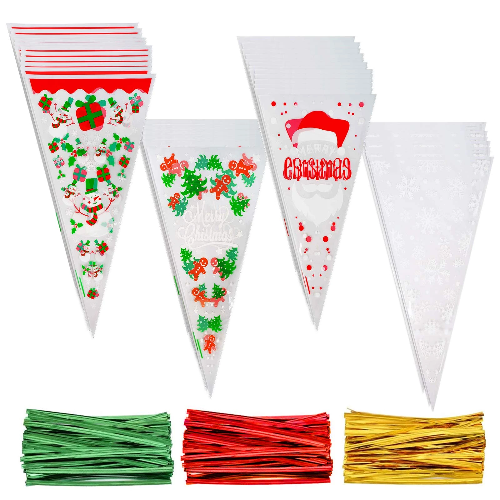 DERAYEE 100 Pieces Christmas Clear Cone Bags, Cellophane Sweet Candy Treat Bags with 150 Pieces Twist Ties for Christmas Party Favors
