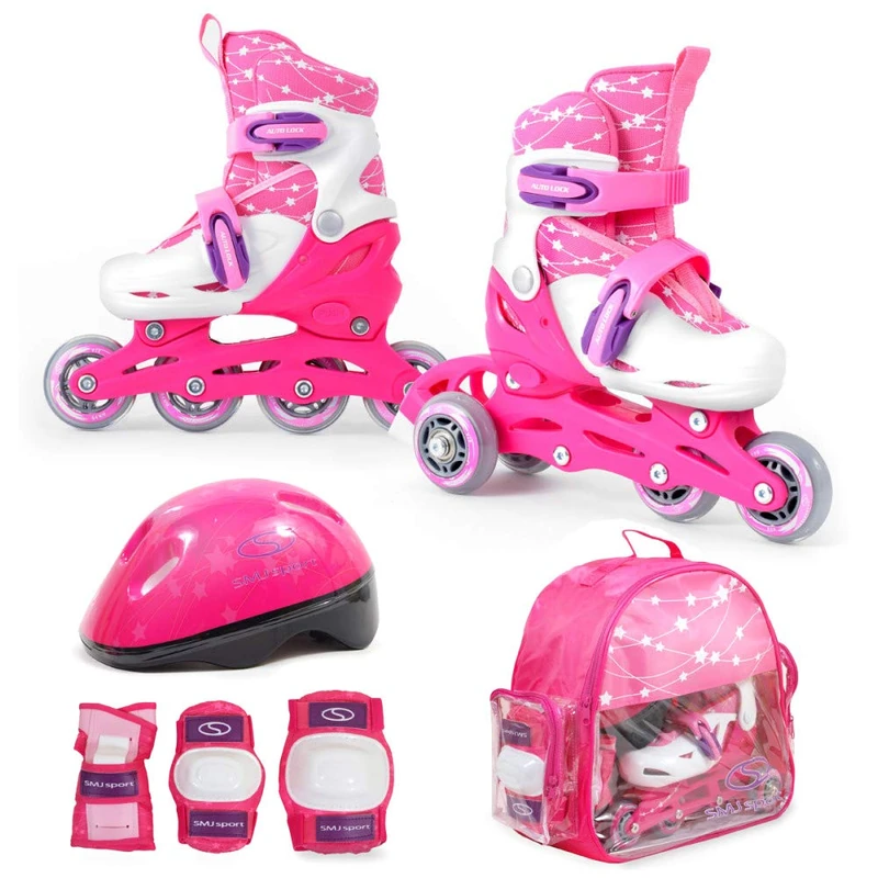 SMJ Children's Girls' Set 2-in-1 Inline Roller Skates Adjustable Inline Skates with LED Wheels + Protector Set + Helmet + Bag (26-29)