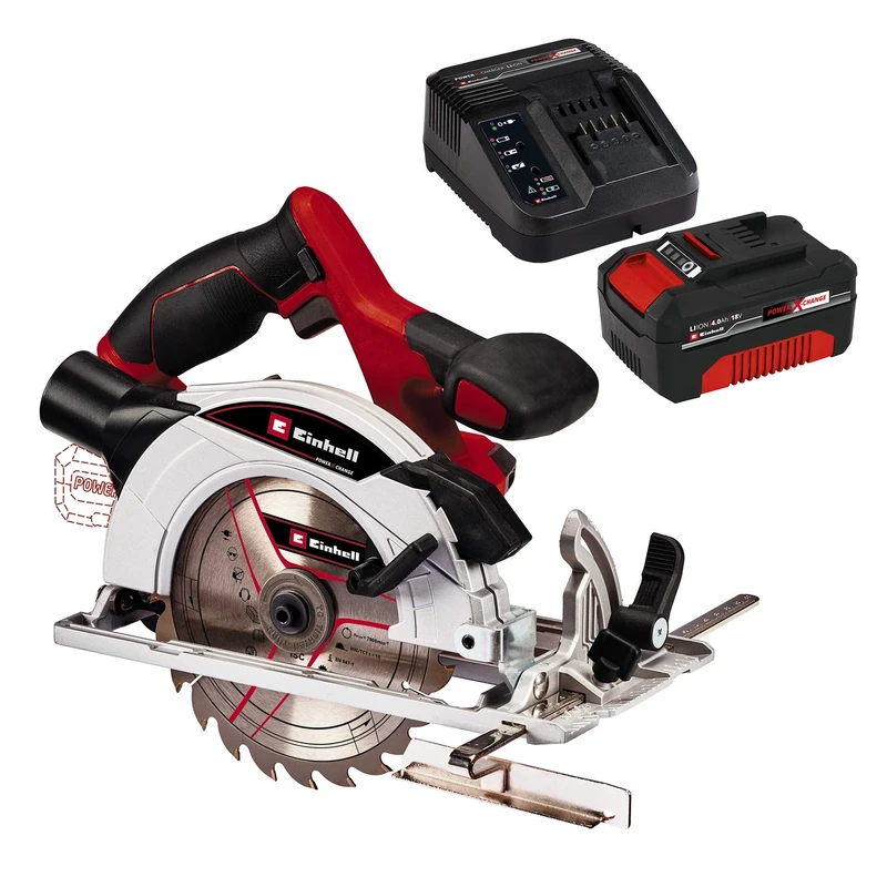Einhell Cordless Saw TE-CS 18/165-1 Li - X-Change (18 V, Li-ion, Tool-Free Adjustment + Tilt Angle) with 18V 4.0 Ah Starter Kit (li-ion, 18 V, PXC Devices, Self-Discharge, 6-Stage Charging System)