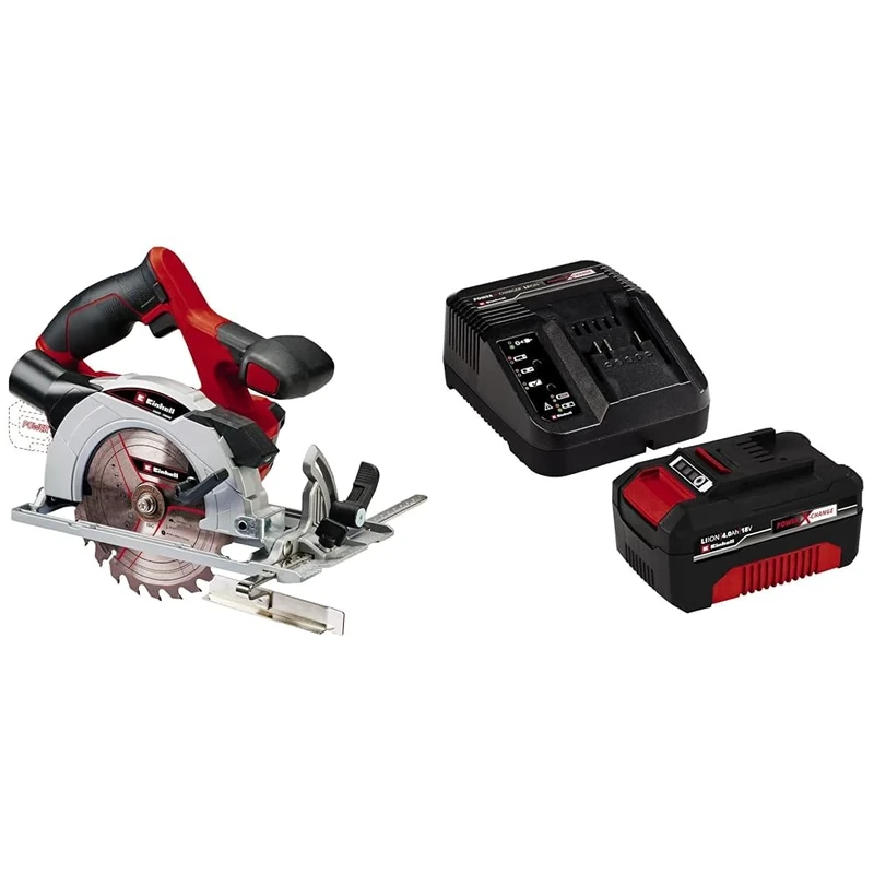 Einhell Power X-Change Cordless Circular Saw With Battery And Charger, 18V Rotary Wood Saw, Tool-Free Adjustment, LED, Dust Extraction - TE-CS 18/150 Li Electric Saw plus 4 Ah Starter Kit, Red, 150 mm