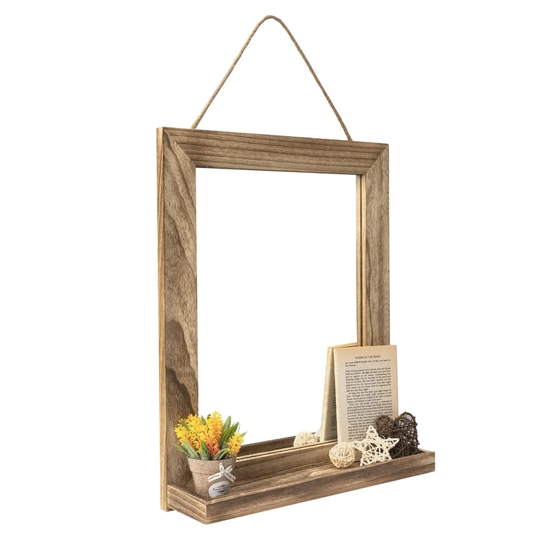 Emfogo Wall Mirror with Shelf, 20 x 16 inch Farmhouse Decor Wall Mirror Hanging for Bathroom, Vanity, Bedroom, Entryway, Living Room (Rustic Brown)