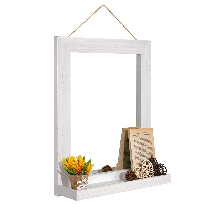 Emfogo Wall Mirror with Shelf, 20 x 16 inch Farmhouse Decor Wall Mirror Hanging for Bathroom, Vanity, Bedroom, Entryway, Living Room (Weathered White)
