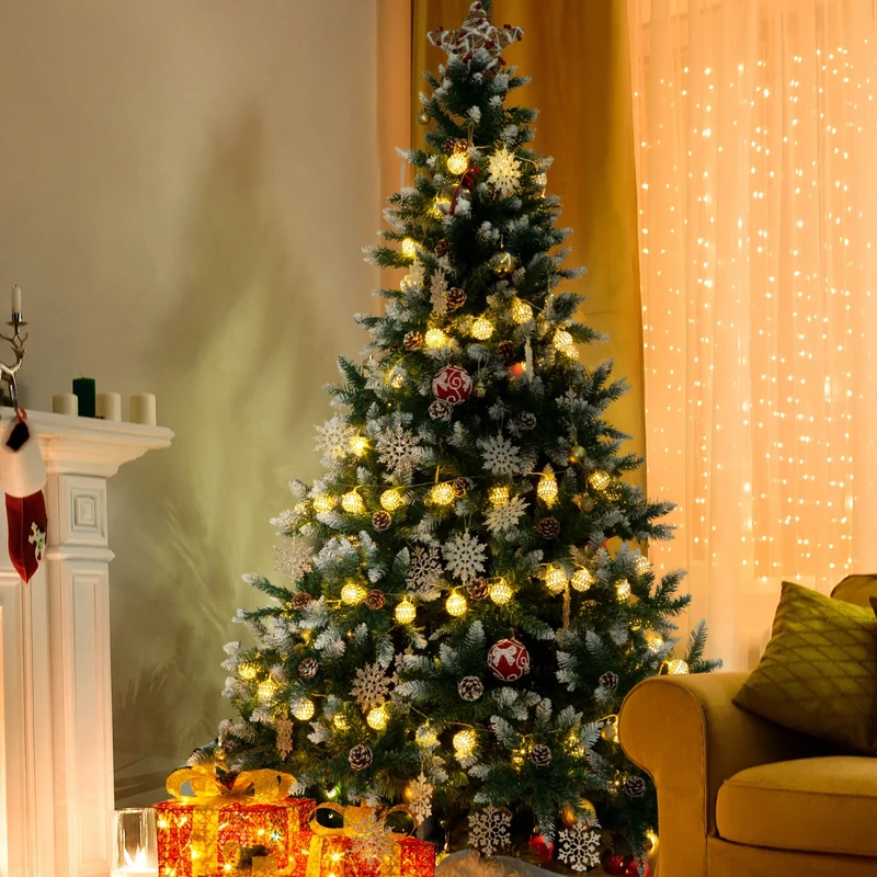 GIGALUMI 6ft Artificial Christmas Tree Flocked Snow Trees with 1,100 PVC Branch Tips, 64 Pine Cones,Solid Metal Legs Perfect for Indoor and Outdoor Holiday Decoration Unlit - Green/White