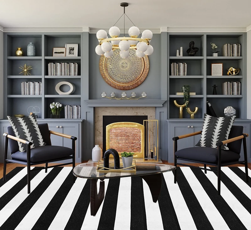 Seavish Black and White Rug, 5x8 ft Outdoor Patio Rug, Handmade Cotton Woven Indoor Farmhouse Christmas Decor Machine Washable Carpet for Living Room, Entryway, Home Office, Dining Room