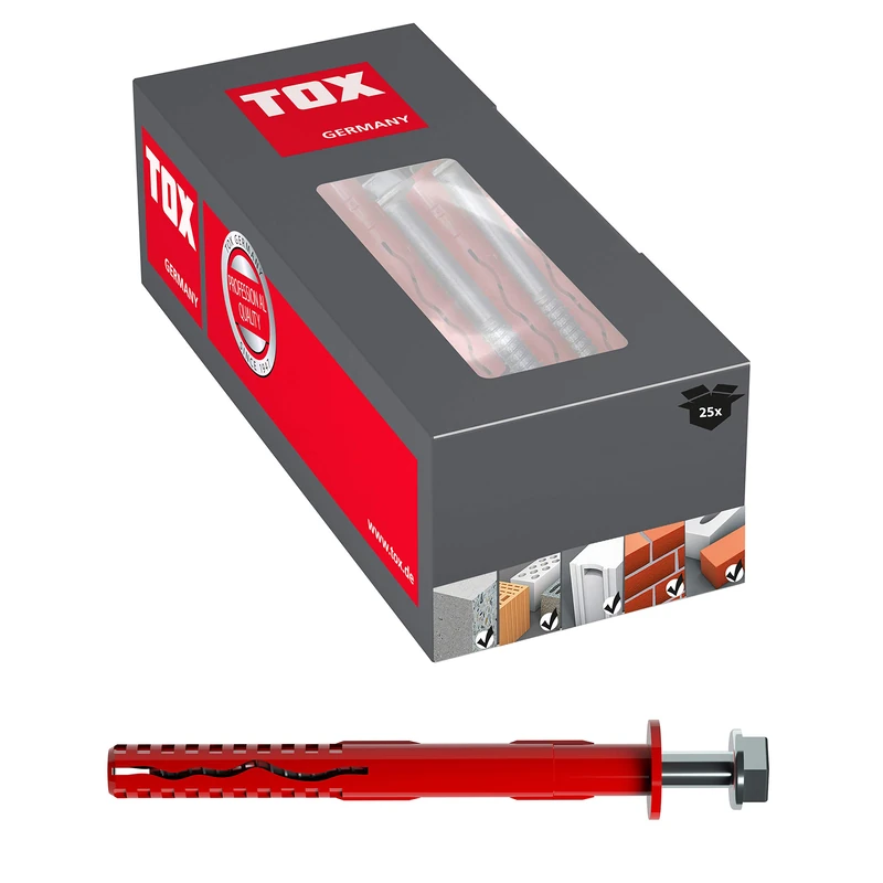 TOX Frame Dowel façade KB 10 x 220 mm + Screw, Dowel for Secure Attachment of facades, Doors and Windows in Almost All Building Materials, Through-Hole Installation, 25 Pieces in Box, 062101671
