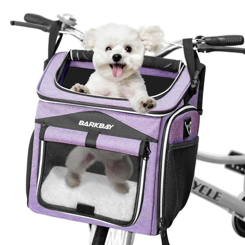 BARKBAY Dog Bike Basket Carrier, Expandable Foldable Soft-Sided Dog Carrier, 2 Open Doors, 5 Reflective Tapes, Pet Travel Bag, Safe and Easy for Small Medium Cats and Dogs (Purple)
