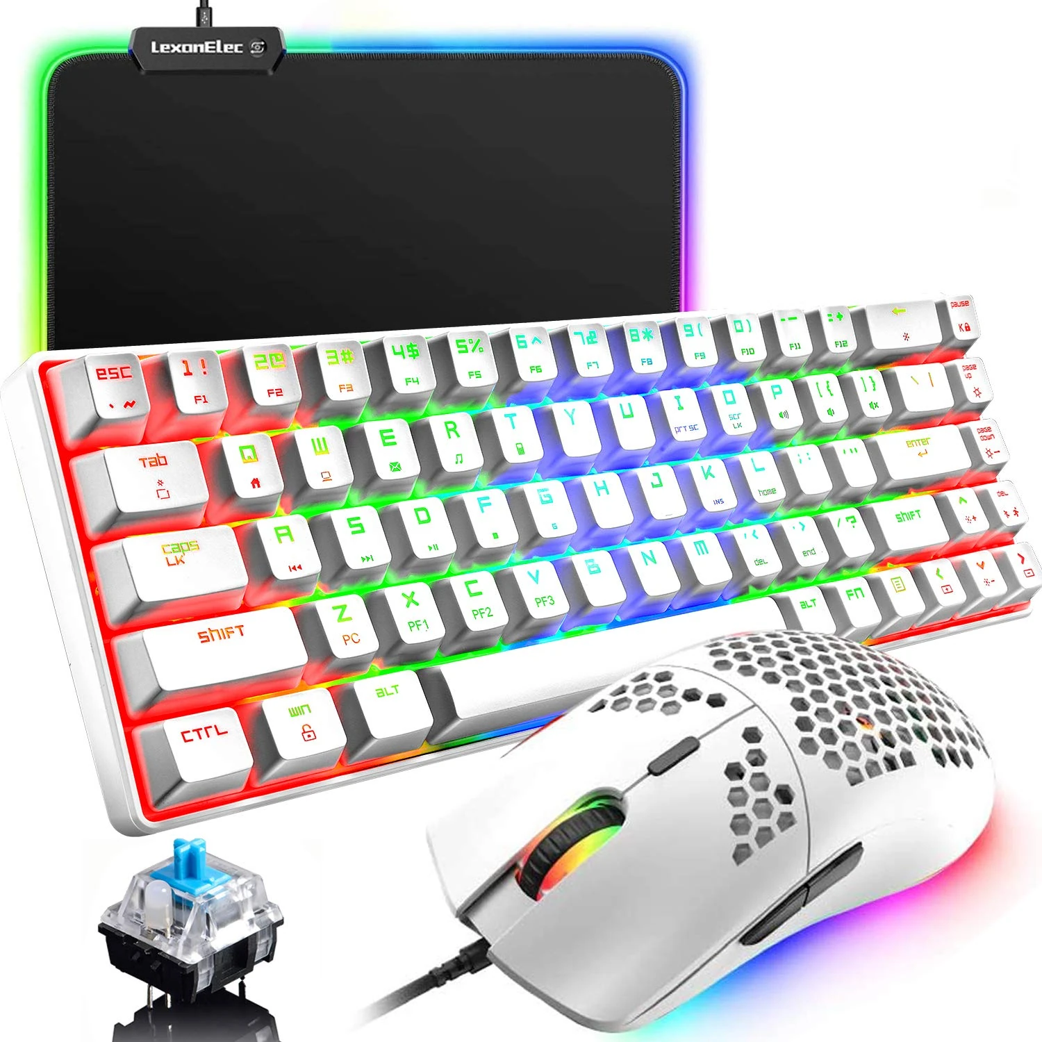 60% Mechanical Gaming Keyboard Blue Switch Mini 68 Keys Wired Type C 18 Backlight Effects + Lightweight RGB 6400DPI Honeycomb Optical Mouse + RGB Mouse Pad For Gamers and Typists - White
