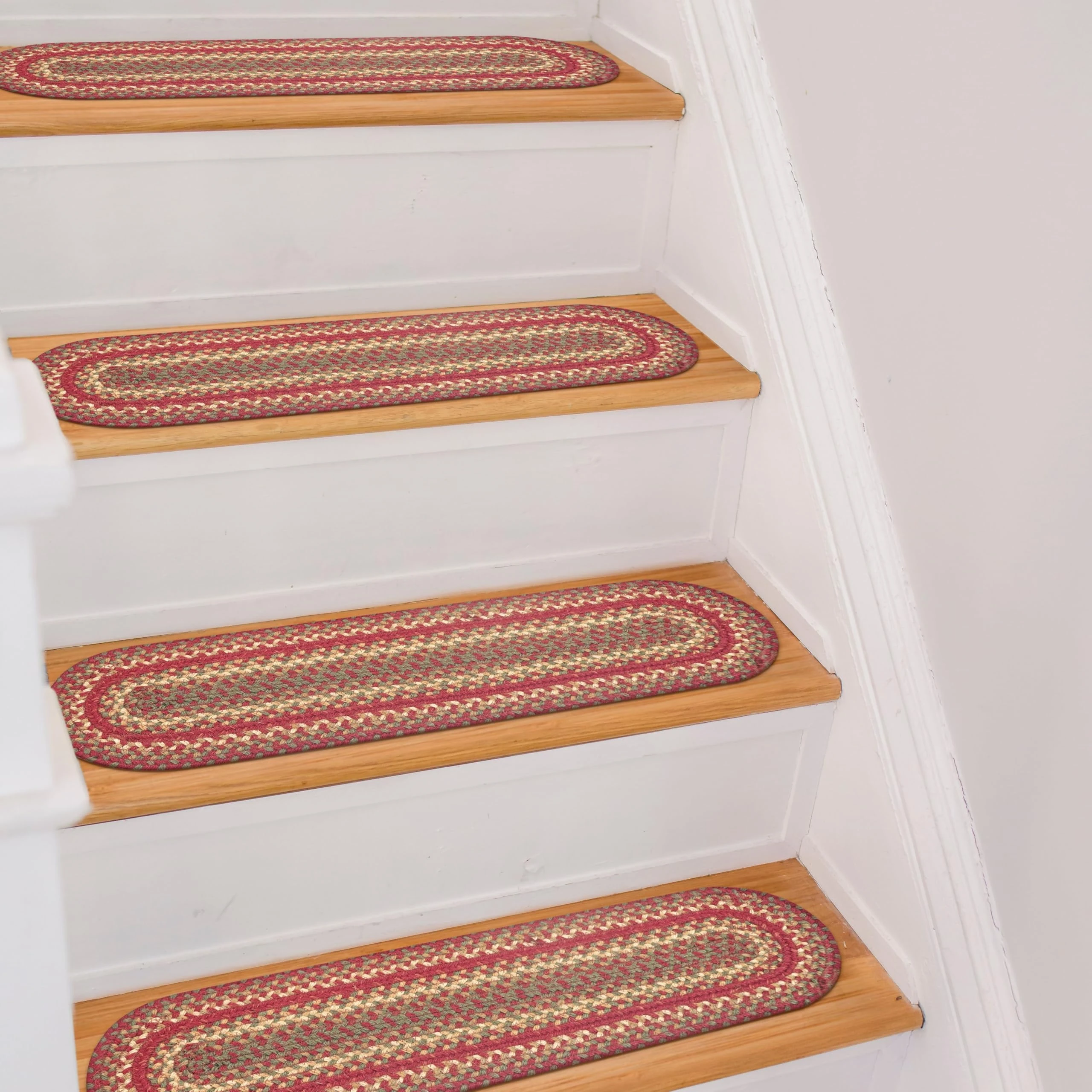 Homespice Cider Barn Jute Braided Stair Treads, Country Primitive Decor, Set of 13, Red 8x28 Oval Rug for Stairs - Easy to Clean, Tightly Stitched and Durable
