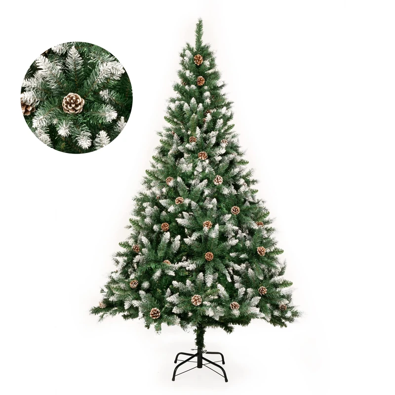 GIGALUMI 5ft Artificial Christmas Tree Flocked Snow Trees with 760 PVC Branch Tips, 50 Pine Cones,Solid Metal Legs Perfect for Indoor and Outdoor Holiday Decoration Unlit - Green/White - Image 1
