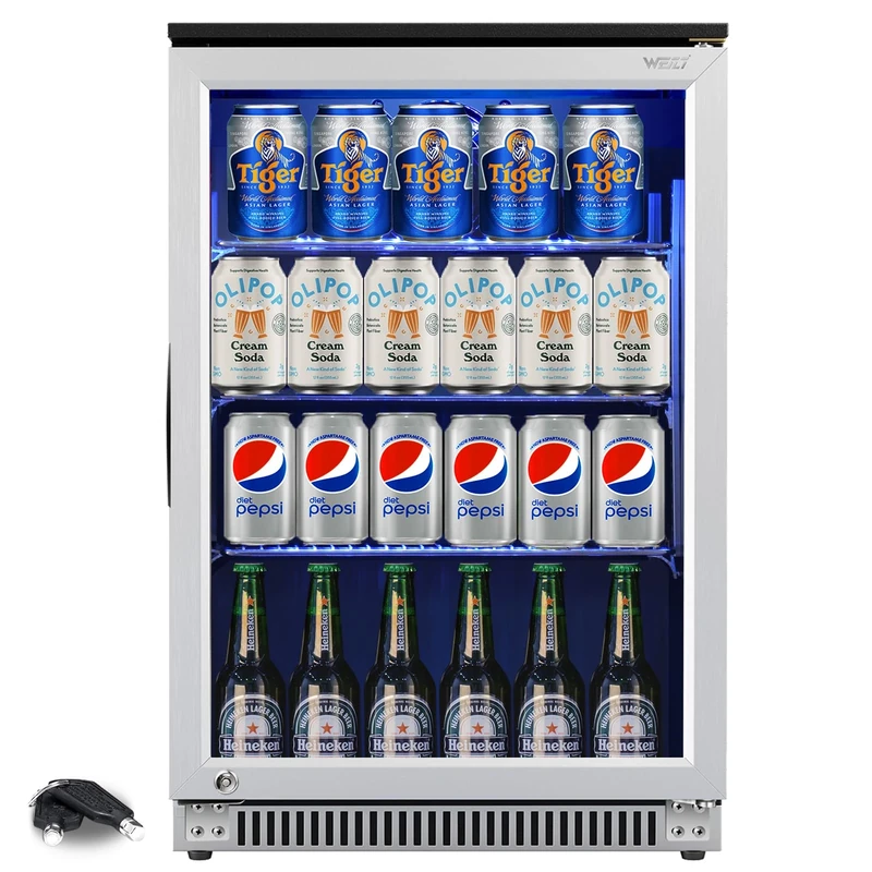 Weili 120 Can Mini Fridge with Glass Door, 20 Inch Beverage Fridge with Lock & Blue LED Light, Auto Defrost, 36-50°F Freestanding or Under Counter Refrigerator and Cooler for Home, Office