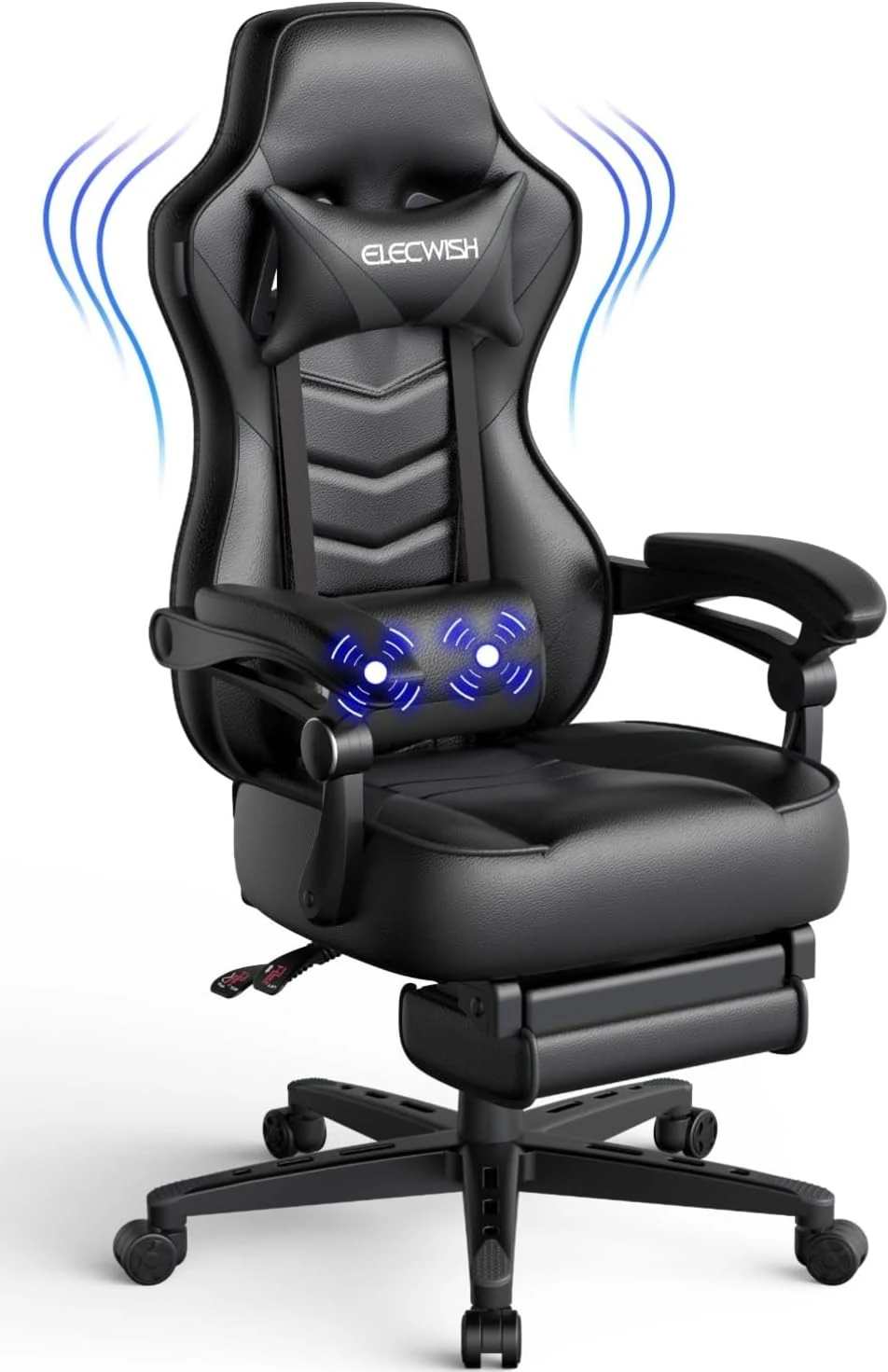 Fullwatt Racing Gaming Chair for adults with Footrest and Lumbar Pillow, Swivel Height Adjustable Reclining PU Leather Ergonomic Video Game Chair, Big and Tall(Black)